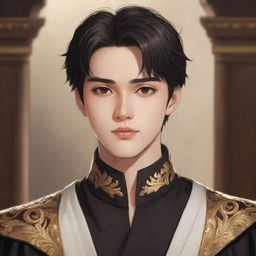 Anime-style artwork of a handsome young king with fair skin, short black hair, and warm brown eyes that resemble rich, polished wood.