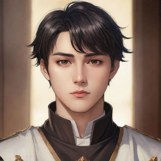 Anime-style artwork of a handsome young king with fair skin, short black hair, and warm brown eyes that resemble rich, polished wood.