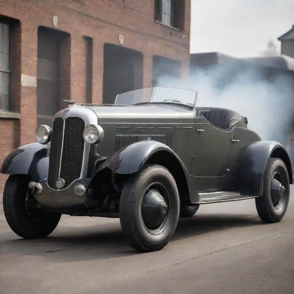 Imagine a dieselpunk racing car, styled with a rugged 1940s influenced design, oversized exhaust pipes, complimented by art-deco detailing, a smoke-belching diesel engine, and steel-rimmed wheels.