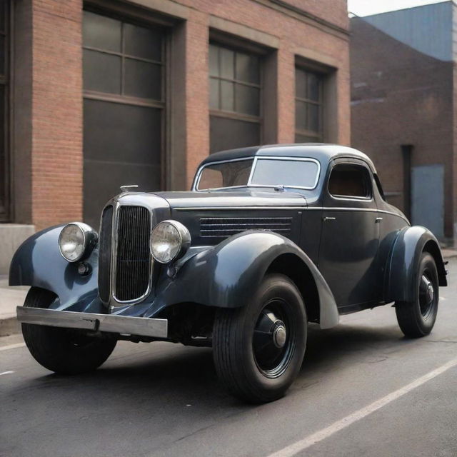 Imagine a dieselpunk racing car, styled with a rugged 1940s influenced design, oversized exhaust pipes, complimented by art-deco detailing, a smoke-belching diesel engine, and steel-rimmed wheels.