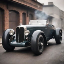 Imagine a dieselpunk racing car, styled with a rugged 1940s influenced design, oversized exhaust pipes, complimented by art-deco detailing, a smoke-belching diesel engine, and steel-rimmed wheels.