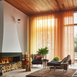 A well-lit, spacious living room with contemporary furniture, vibrant houseplants, a large window with flowing curtains, and a fireplace inviting warmth.