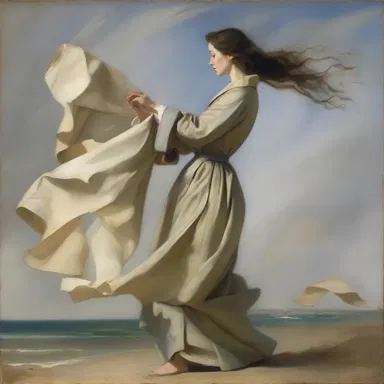 The painter skillfully depicted a woman's coattail flowing in the wind in his masterpiece.