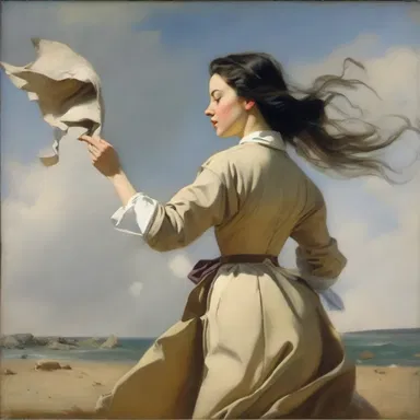 The painter skillfully depicted a woman's coattail flowing in the wind in his masterpiece.