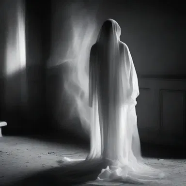 As the ghostly figure turned, its tattered coattail swirled ominously in the shadows.