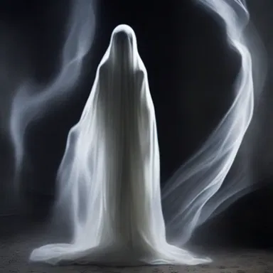 As the ghostly figure turned, its tattered coattail swirled ominously in the shadows.