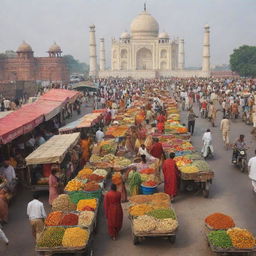 A picturesque scene of India. It features classic elements like the Taj Mahal, a bustling street market, spicy Indian food, and traditional Indian clothing.