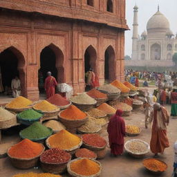 A picturesque scene of India. It features classic elements like the Taj Mahal, a bustling street market, spicy Indian food, and traditional Indian clothing.