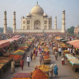 A picturesque scene of India. It features classic elements like the Taj Mahal, a bustling street market, spicy Indian food, and traditional Indian clothing.