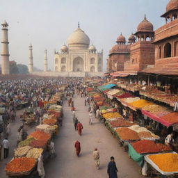 A picturesque scene of India. It features classic elements like the Taj Mahal, a bustling street market, spicy Indian food, and traditional Indian clothing.