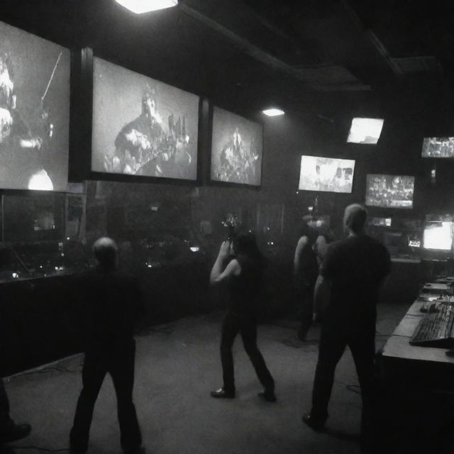 A chilling still from a CCTV feed, capturing the raw energy of a chaotic metal music show, filled with disturbing, unnerving details, and an overall atmosphere of horror and devastation.