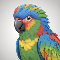 An anime-style depiction of a cute Indian parrot with vibrant colors and charming, exaggerated features.