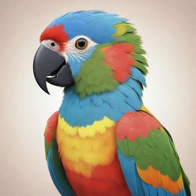 An anime-style depiction of a cute Indian parrot with vibrant colors and charming, exaggerated features.