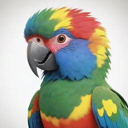 An anime-style depiction of a cute Indian parrot with vibrant colors and charming, exaggerated features.