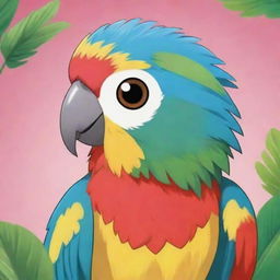 An anime-style depiction of a cute Indian parrot with vibrant colors and charming, exaggerated features.