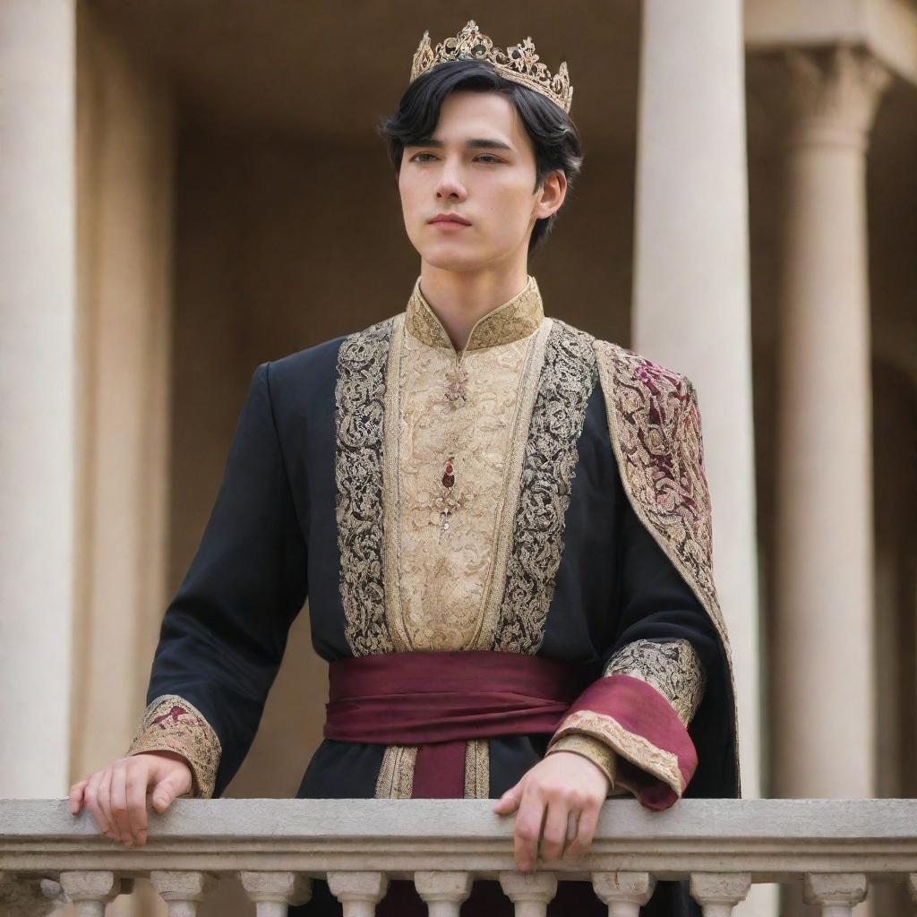 Create an anime-style image of a handsome young king with fair skin, short black hair, and brown eyes speaking from his palace balcony to his subjects. His attire and the setting should reflect his regal status.