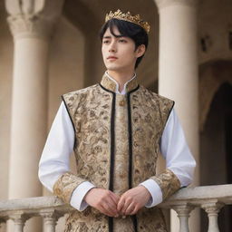 Create an anime-style image of a handsome young king with fair skin, short black hair, and brown eyes speaking from his palace balcony to his subjects. His attire and the setting should reflect his regal status.