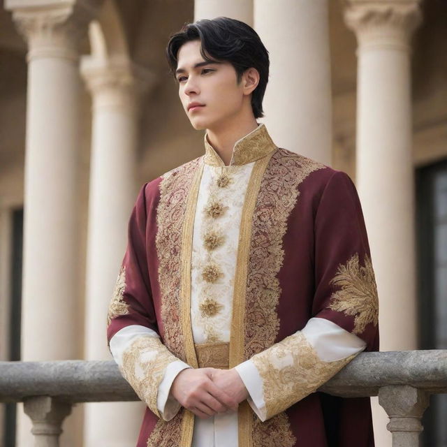 Create an anime-style image of a handsome young king with fair skin, short black hair, and brown eyes speaking from his palace balcony to his subjects. His attire and the setting should reflect his regal status.