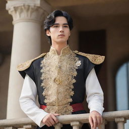 Create an anime-style image of a handsome young king with fair skin, short black hair, and brown eyes speaking from his palace balcony to his subjects. His attire and the setting should reflect his regal status.