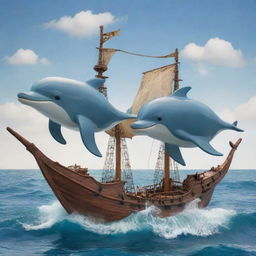 A whimsical pirate ship shaped like a pair of playful dolphins leaping through the ocean waves