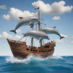 A whimsical pirate ship shaped like a pair of playful dolphins leaping through the ocean waves