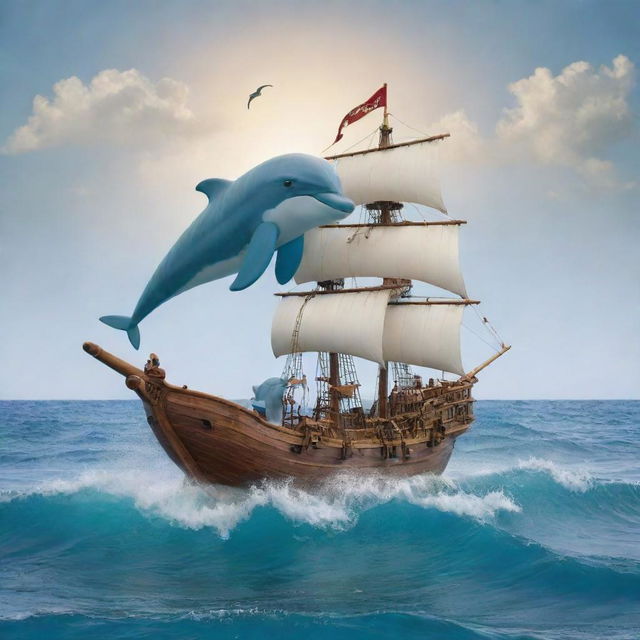 A whimsical pirate ship shaped like a pair of playful dolphins leaping through the ocean waves