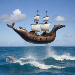 A whimsical pirate ship shaped like a pair of playful dolphins leaping through the ocean waves