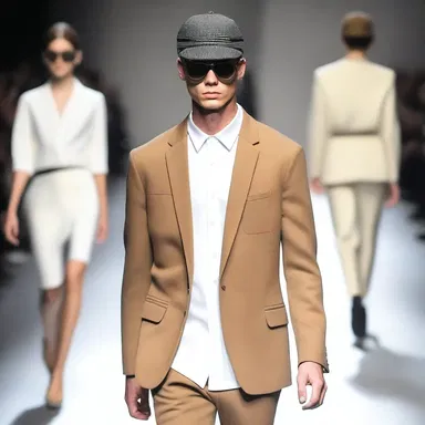 The model strutted down the runway wearing a stylish outfit topped off with a trendy peaked cap.