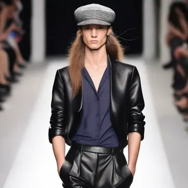 The model strutted down the runway wearing a stylish outfit topped off with a trendy peaked cap.