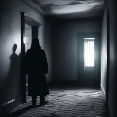 In the eerie haunted house, the ghostly figure wearing a black peaked cap appeared out of nowhere.