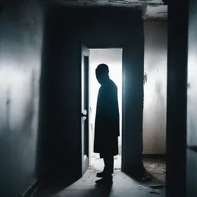 In the eerie haunted house, the ghostly figure wearing a black peaked cap appeared out of nowhere.
