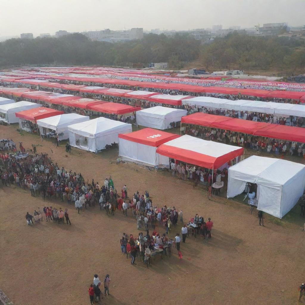 A vibrant scene of a blood donation and thalassemia screening camp on 29th January 2024 located at the Soil Institute of Management, Gurgaon. Capture the energy, volunteers, donors, tents, medical equipment and the institute in the background.