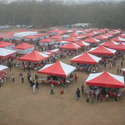 A vibrant scene of a blood donation and thalassemia screening camp on 29th January 2024 located at the Soil Institute of Management, Gurgaon. Capture the energy, volunteers, donors, tents, medical equipment and the institute in the background.