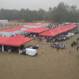 A vibrant scene of a blood donation and thalassemia screening camp on 29th January 2024 located at the Soil Institute of Management, Gurgaon. Capture the energy, volunteers, donors, tents, medical equipment and the institute in the background.