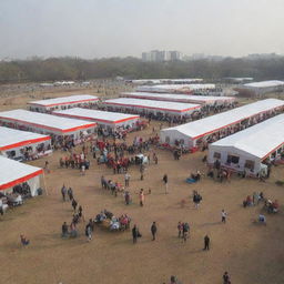 A vibrant scene of a blood donation and thalassemia screening camp on 29th January 2024 located at the Soil Institute of Management, Gurgaon. Capture the energy, volunteers, donors, tents, medical equipment and the institute in the background.