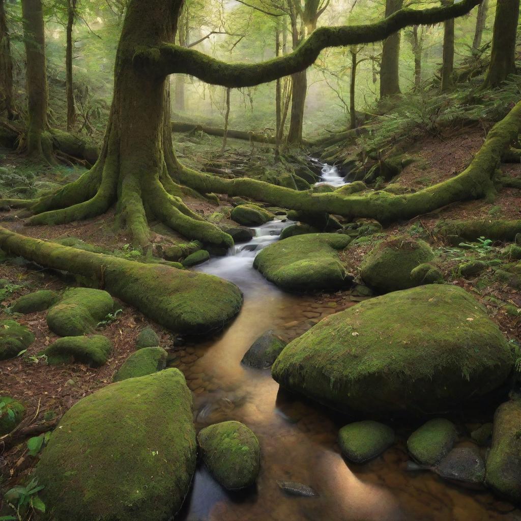 An enchanting forest glade filled with ancient trees, moss-covered stones, curious critters, and a tranquil stream flowing through. A soft light filtering through the canopies above, casting a magical glow on the scene.