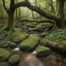 An enchanting forest glade filled with ancient trees, moss-covered stones, curious critters, and a tranquil stream flowing through. A soft light filtering through the canopies above, casting a magical glow on the scene.