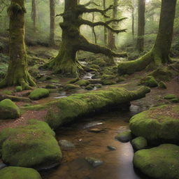 An enchanting forest glade filled with ancient trees, moss-covered stones, curious critters, and a tranquil stream flowing through. A soft light filtering through the canopies above, casting a magical glow on the scene.