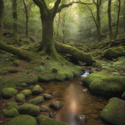 An enchanting forest glade filled with ancient trees, moss-covered stones, curious critters, and a tranquil stream flowing through. A soft light filtering through the canopies above, casting a magical glow on the scene.