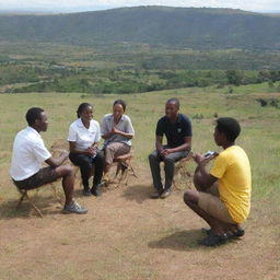 A group of mentees from Cremes International performing interviews in the distinctive landscape of Iringa, Tanzania. They are actively engaged in their tasks, showcasing a diverse range of people and cultures.