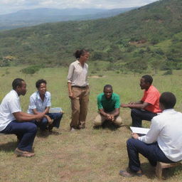 A group of mentees from Cremes International performing interviews in the distinctive landscape of Iringa, Tanzania. They are actively engaged in their tasks, showcasing a diverse range of people and cultures.