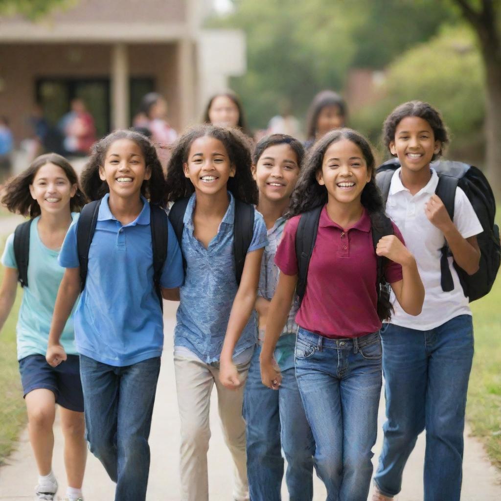 A lively group of children, with a mix of younger students representing a middle school and older students symbolizing a high school, enthusiastically heading to school with backpacks and books