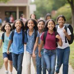 A lively group of children, with a mix of younger students representing a middle school and older students symbolizing a high school, enthusiastically heading to school with backpacks and books