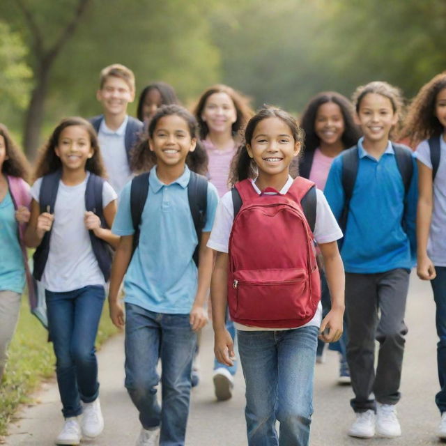 A lively group of children, with a mix of younger students representing a middle school and older students symbolizing a high school, enthusiastically heading to school with backpacks and books