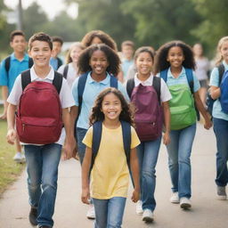 A lively group of children, with a mix of younger students representing a middle school and older students symbolizing a high school, enthusiastically heading to school with backpacks and books