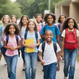 A lively group of children, with a mix of younger students representing a middle school and older students symbolizing a high school, enthusiastically heading to school with backpacks and books