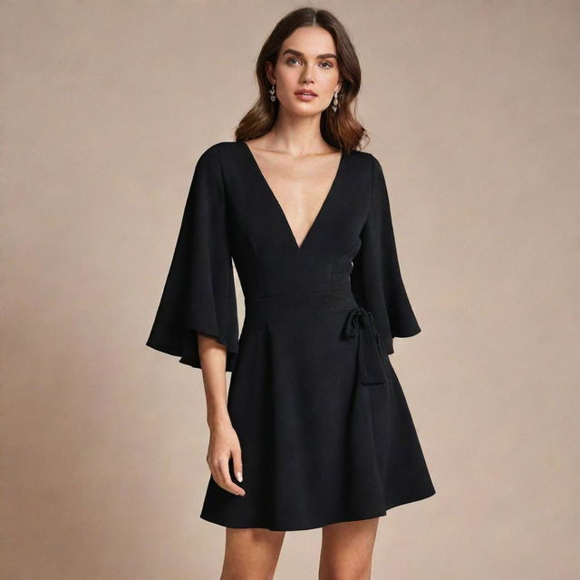 A designer party dress, short, wide skirt, deep V-neck and wide sleeves in black, emanating elegance.