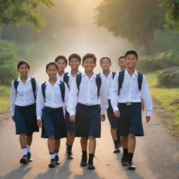 Group of jovial Indonesian middle to high school children, in school uniforms, backpacks on their shoulders, walking down a village road on their way to school during the morning sunrise