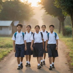 Group of jovial Indonesian middle to high school children, in school uniforms, backpacks on their shoulders, walking down a village road on their way to school during the morning sunrise