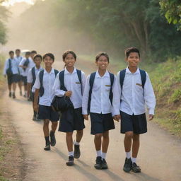 Group of jovial Indonesian middle to high school children, in school uniforms, backpacks on their shoulders, walking down a village road on their way to school during the morning sunrise